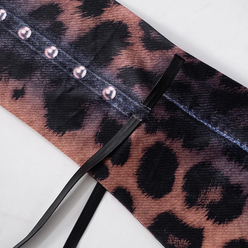 Leopard Print Slim Flared Dress - Womens Y2K Long-Sleeved Skirt Outfit - ZOOMNSTORE