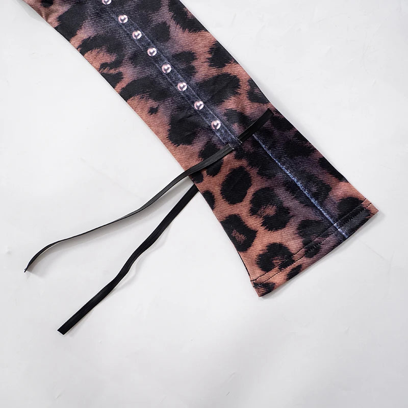 Leopard Print Slim Flared Dress - Womens Y2K Long-Sleeved Skirt Outfit - ZOOMNSTORE