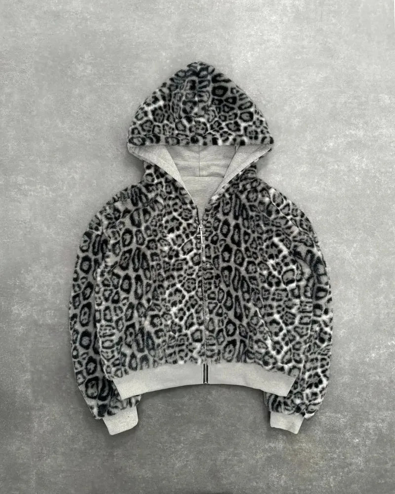 Harajuku Leopard Print Hoodie - Unisex Loose Zipper Sweatshirt - ZOOMNSTORE
