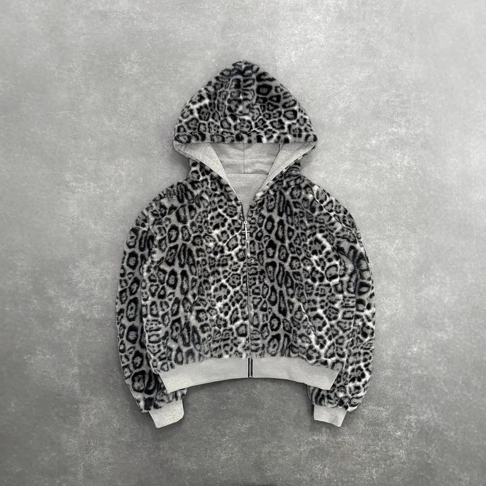 Retro Leopard Print Hoodie - Oversized Casual Sweatshirt for Men - ZOOMNSTORE