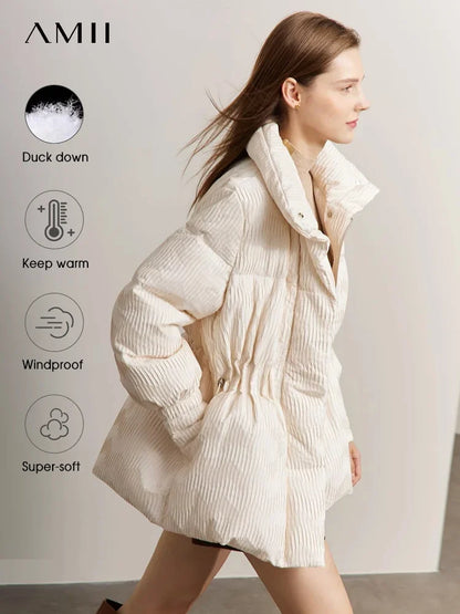 Lightweight Womens Duck Down Puffer Coat - Minimalist Winter Jacket with Stand Collar - ZOOMNSTORE