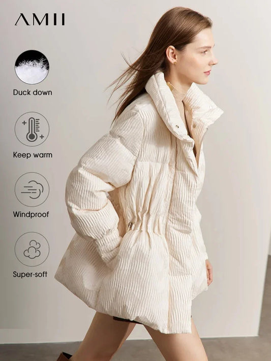 Lightweight Womens Duck Down Puffer Coat - Minimalist Winter Jacket with Stand Collar - ZOOMNSTORE