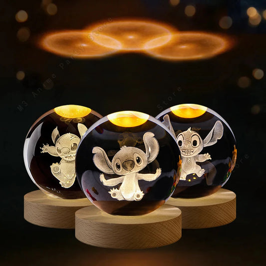 Lilo and Stitch Crystal Lamp – 3D Laser Engraved Crystal Ball Night Light with Wooden Base - ZOOMNSTORE
