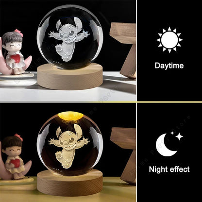 Lilo and Stitch Crystal Lamp – 3D Laser Engraved Crystal Ball Night Light with Wooden Base - ZOOMNSTORE