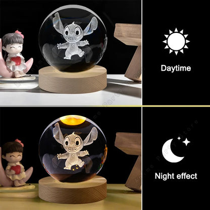Lilo and Stitch Crystal Lamp – 3D Laser Engraved Crystal Ball Night Light with Wooden Base - ZOOMNSTORE