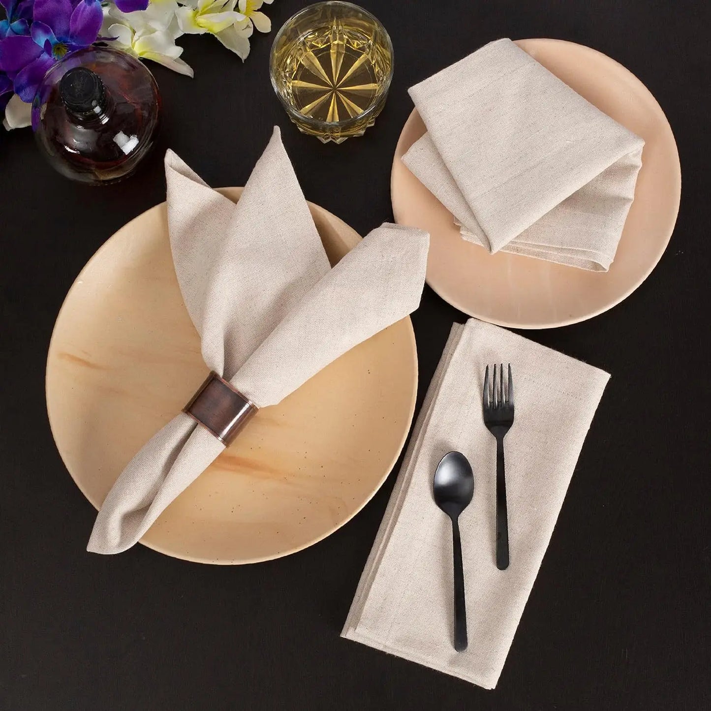 Linen Flax Cotton Dinner Napkins - Set of 12 Natural Fabric Wedding Napkins with Mitered Corners - ZOOMNSTORE