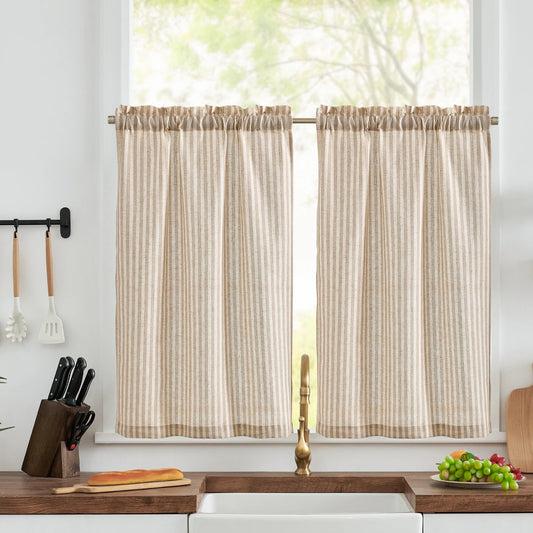 Linen Kitchen Curtains - Japanese Striped Short Rod Pocket Drapes - ZOOMNSTORE