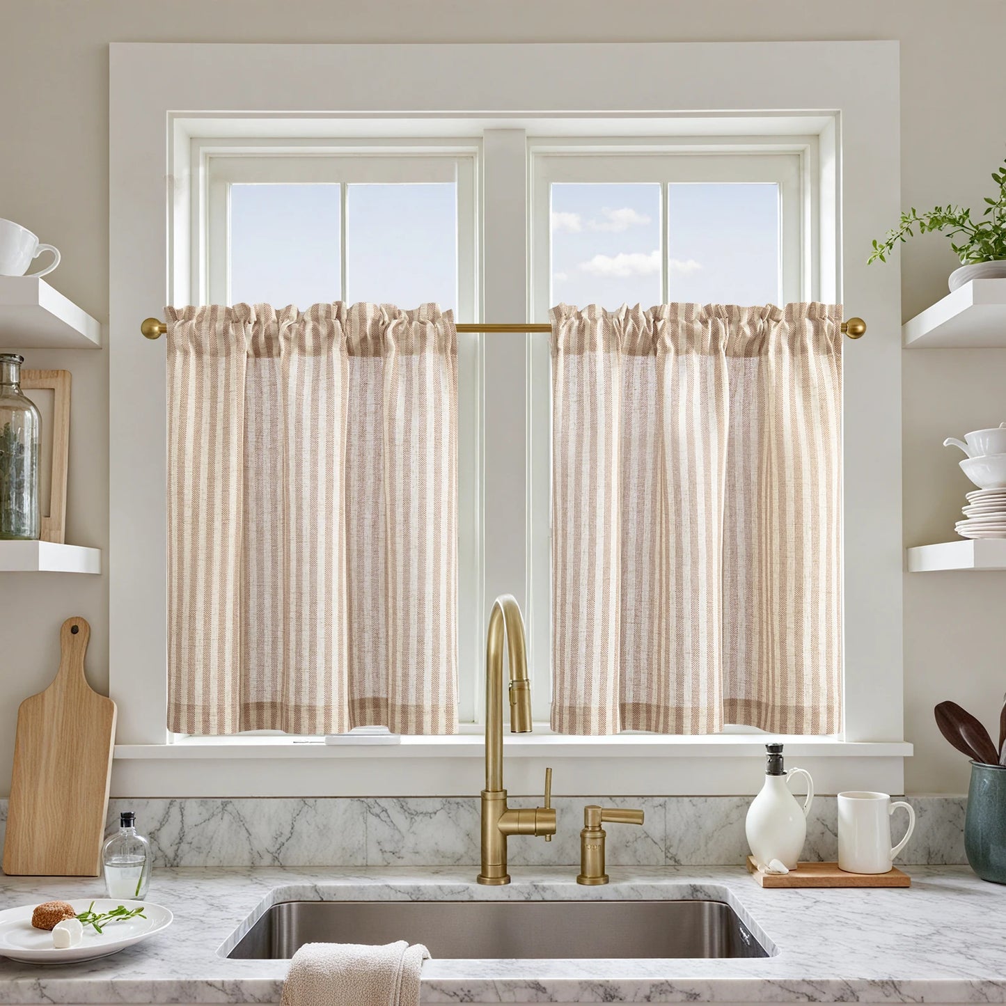 Linen Kitchen Curtains - Japanese Striped Short Rod Pocket Drapes - ZOOMNSTORE