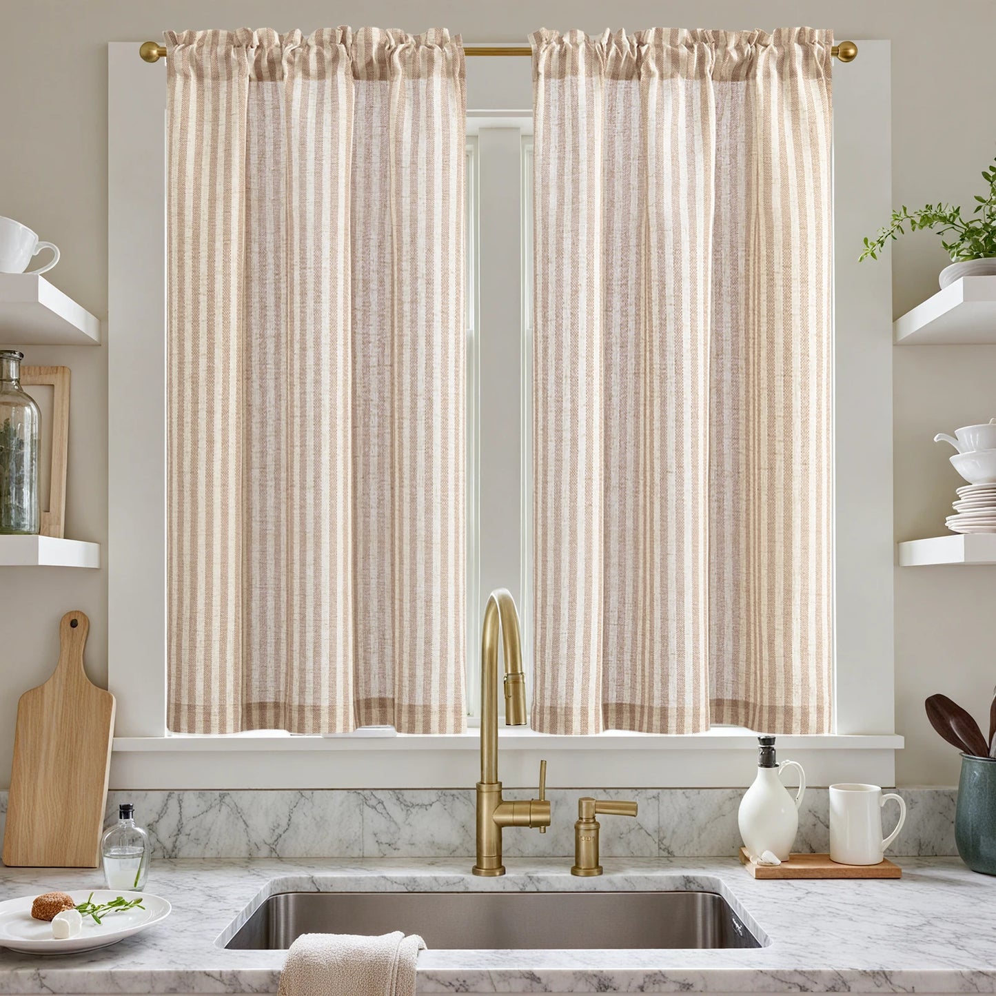 Linen Kitchen Curtains - Japanese Striped Short Rod Pocket Drapes - ZOOMNSTORE