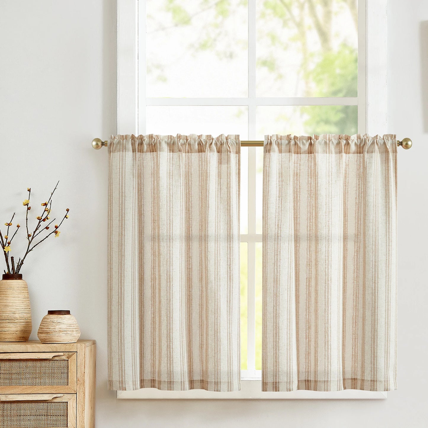 Linen Kitchen Curtains - Japanese Striped Short Rod Pocket Drapes - ZOOMNSTORE