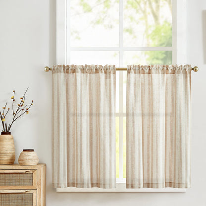 Linen Kitchen Curtains - Japanese Striped Short Rod Pocket Drapes - ZOOMNSTORE