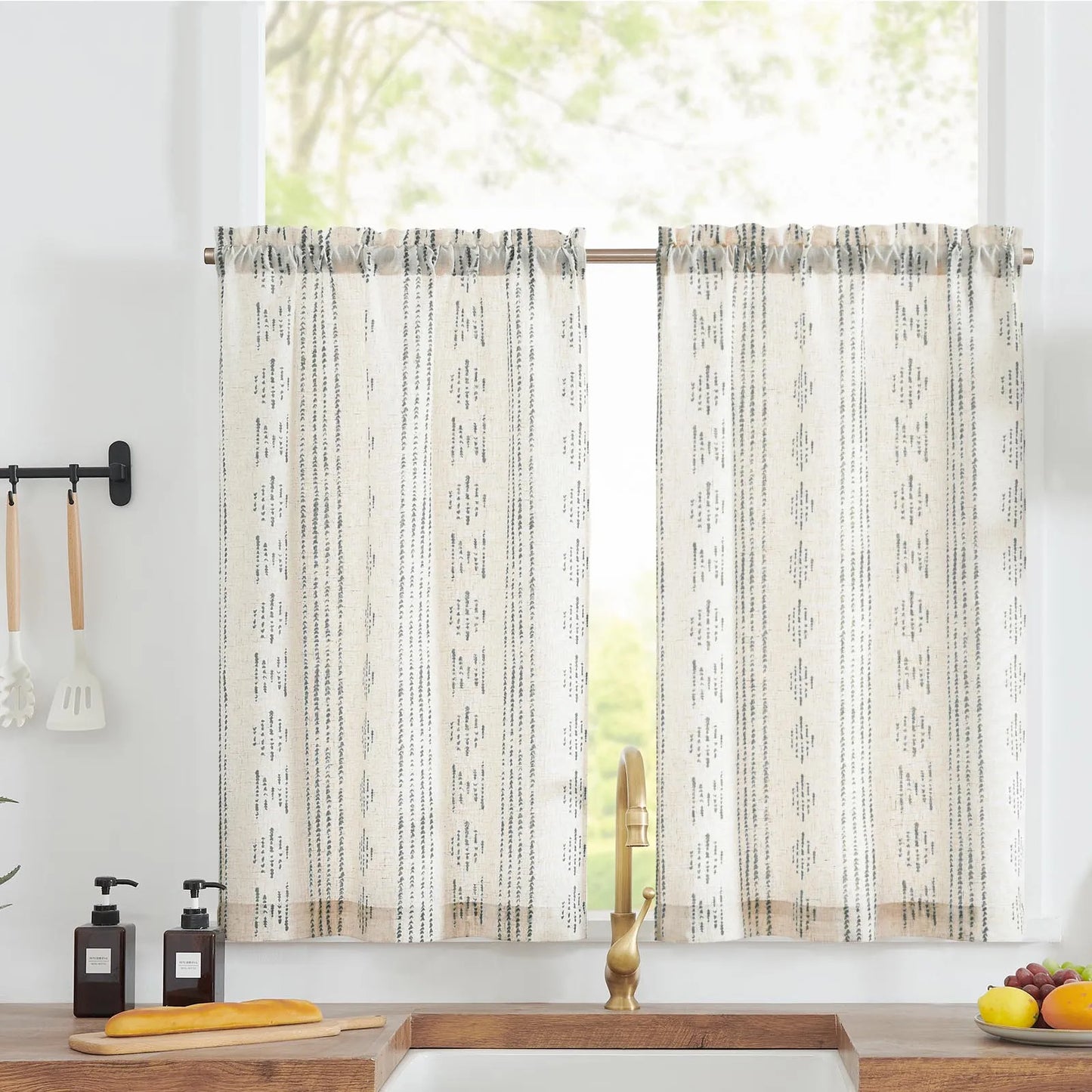Linen Kitchen Curtains - Japanese Striped Short Rod Pocket Drapes - ZOOMNSTORE
