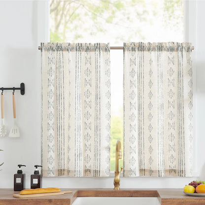 Linen Kitchen Curtains - Japanese Striped Short Rod Pocket Drapes - ZOOMNSTORE