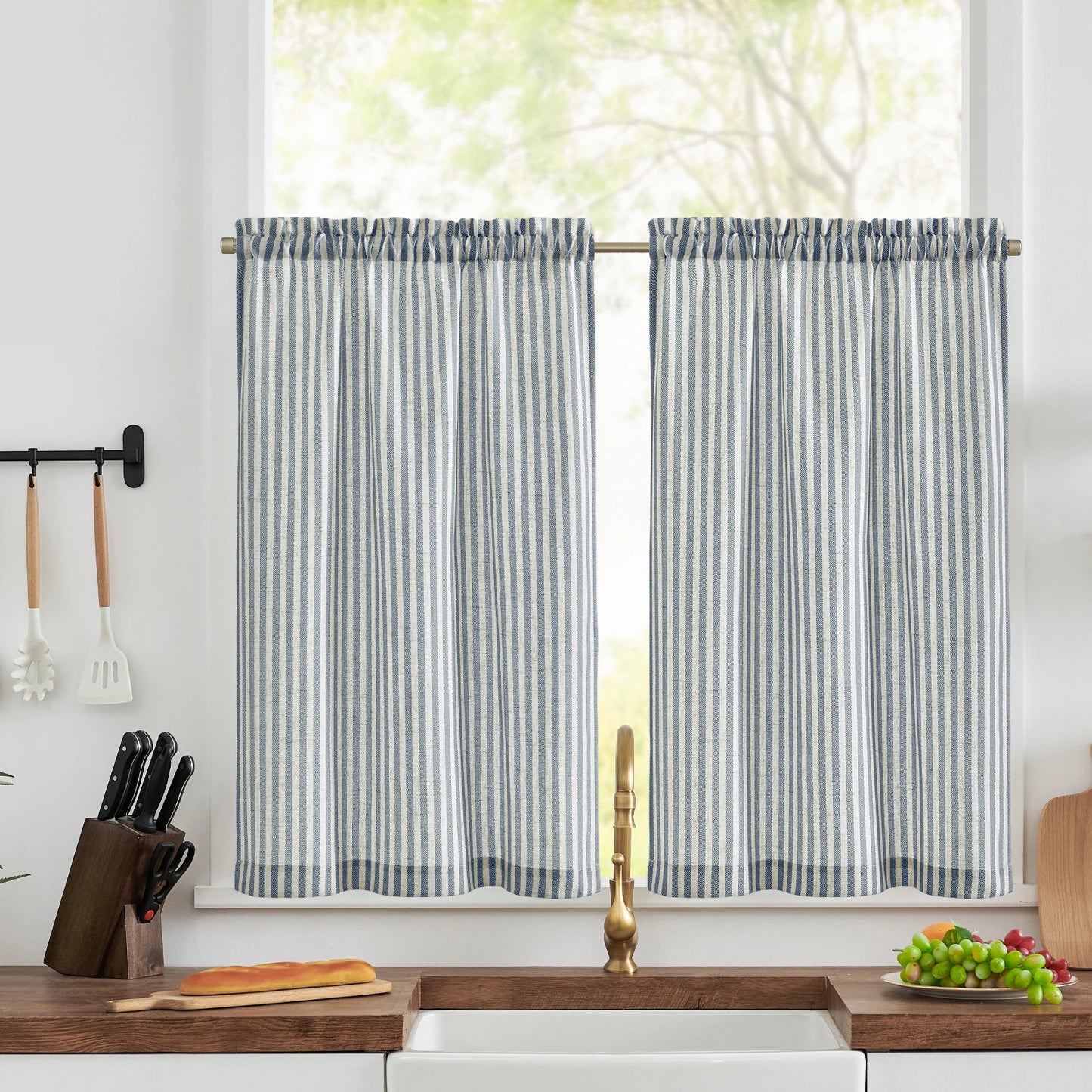 Linen Kitchen Curtains - Japanese Striped Short Rod Pocket Drapes - ZOOMNSTORE