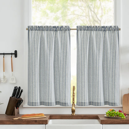 Linen Kitchen Curtains - Japanese Striped Short Rod Pocket Drapes - ZOOMNSTORE