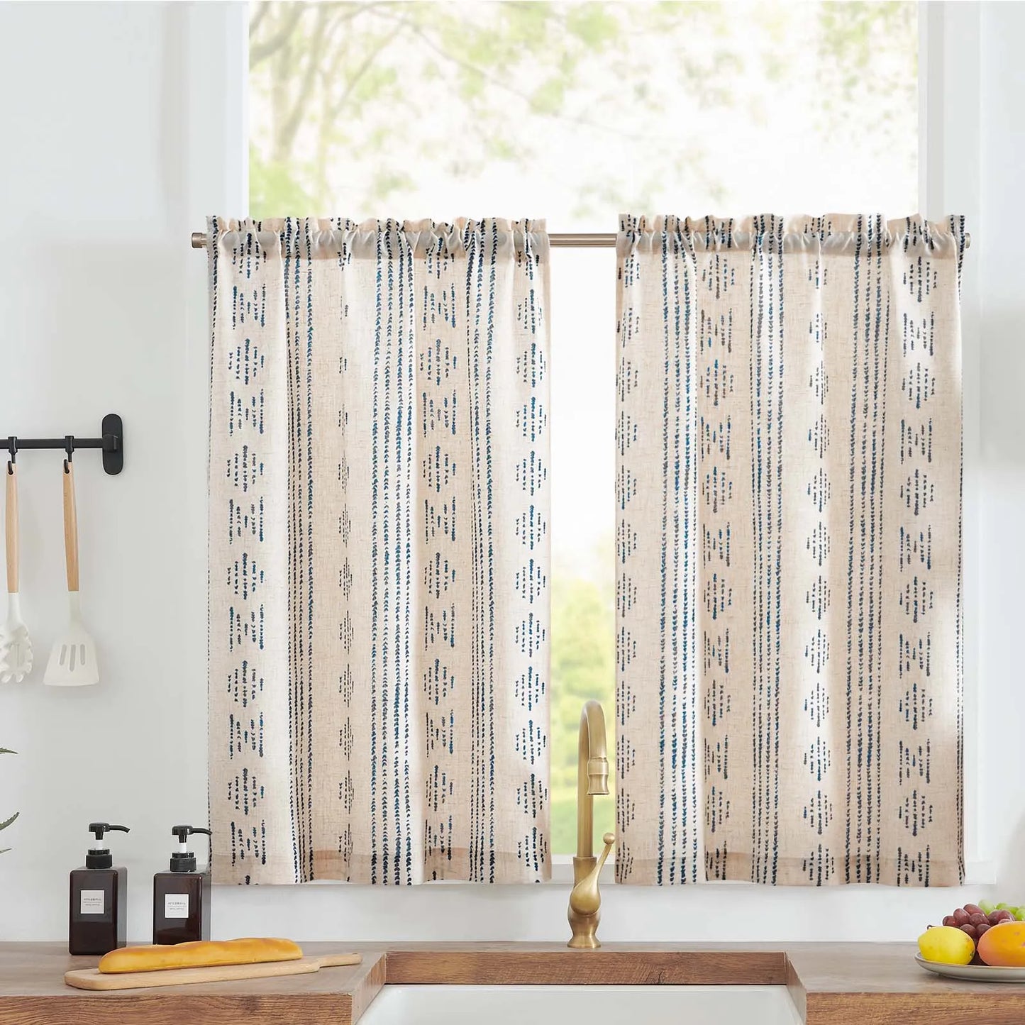 Linen Kitchen Curtains - Japanese Striped Short Rod Pocket Drapes - ZOOMNSTORE