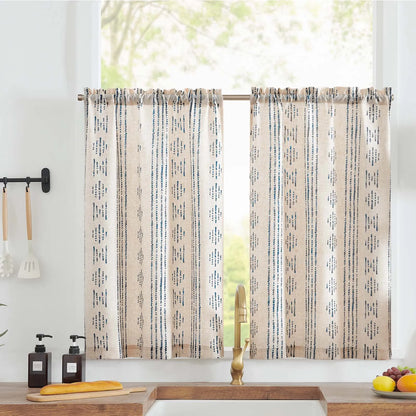 Linen Kitchen Curtains - Japanese Striped Short Rod Pocket Drapes - ZOOMNSTORE