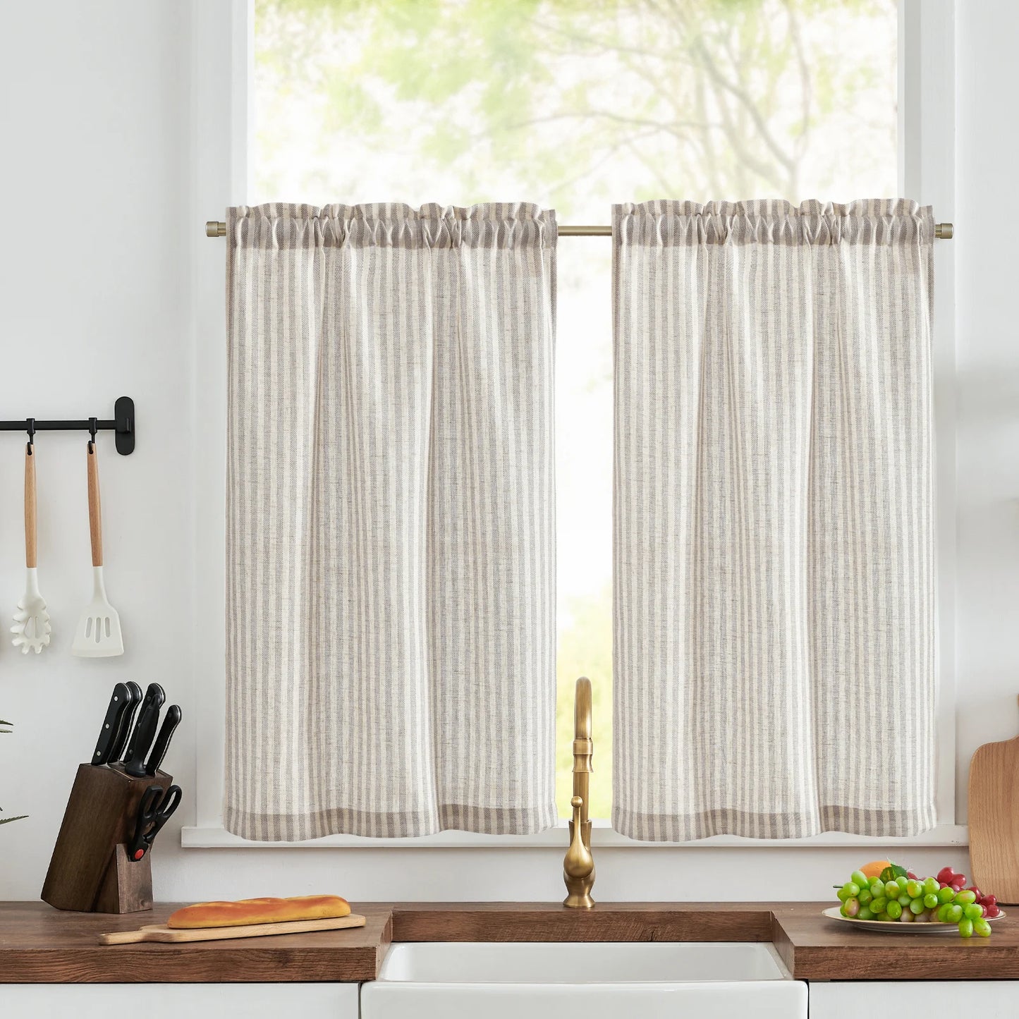 Linen Kitchen Curtains - Japanese Striped Short Rod Pocket Drapes - ZOOMNSTORE