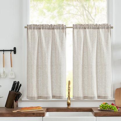 Linen Kitchen Curtains - Japanese Striped Short Rod Pocket Drapes - ZOOMNSTORE