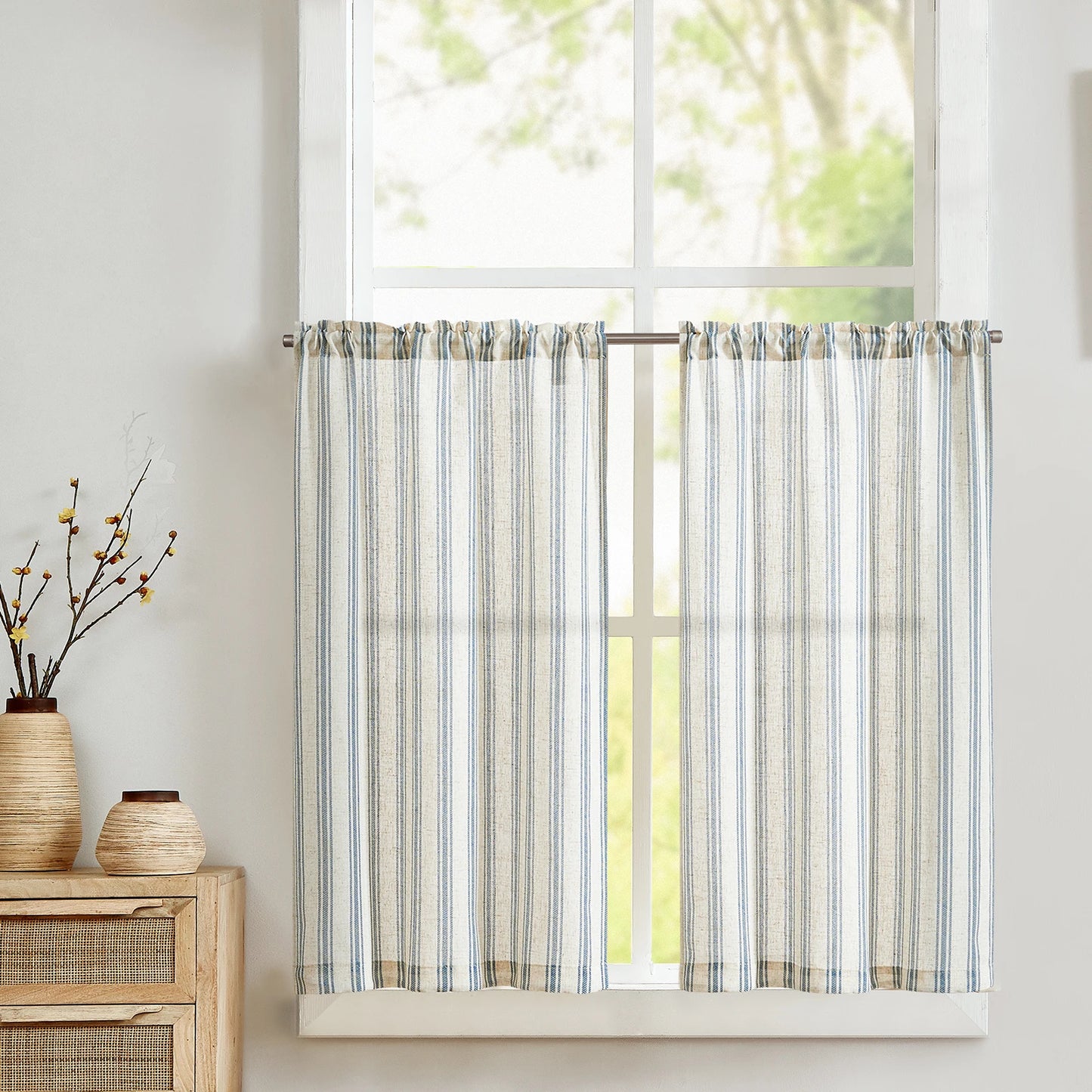 Linen Kitchen Curtains - Japanese Striped Short Rod Pocket Drapes - ZOOMNSTORE