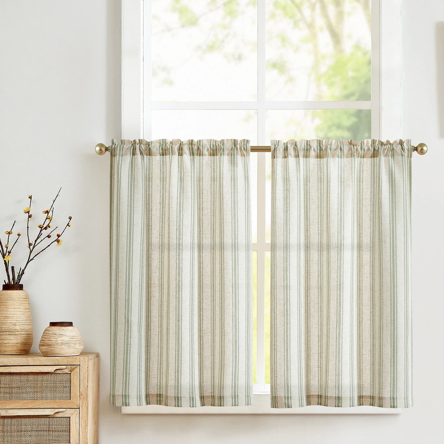 Linen Kitchen Curtains - Japanese Striped Short Rod Pocket Drapes - ZOOMNSTORE