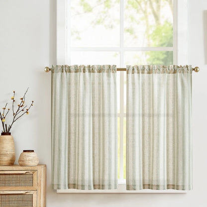 Linen Kitchen Curtains - Japanese Striped Short Rod Pocket Drapes - ZOOMNSTORE