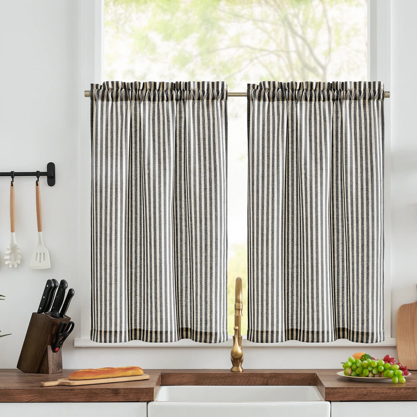 Linen Kitchen Curtains - Japanese Striped Short Rod Pocket Drapes - ZOOMNSTORE
