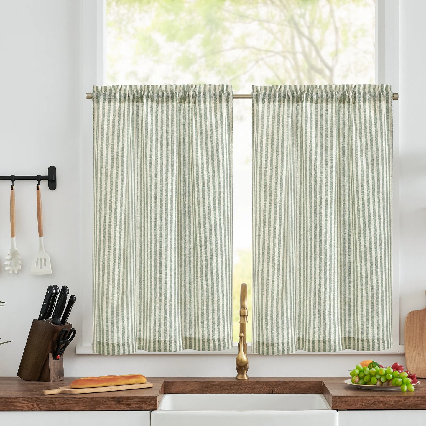 Linen Kitchen Curtains - Japanese Striped Short Rod Pocket Drapes - ZOOMNSTORE