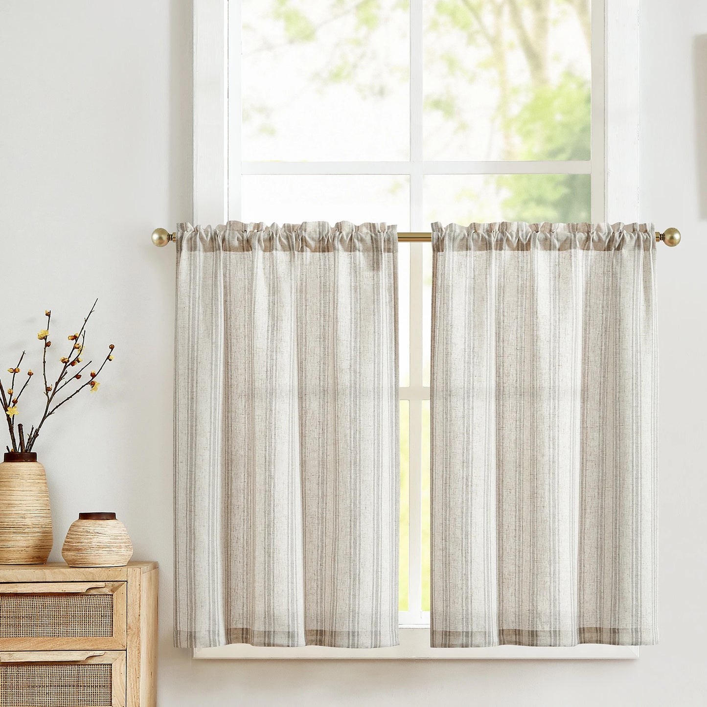 Linen Kitchen Curtains - Japanese Striped Short Rod Pocket Drapes - ZOOMNSTORE