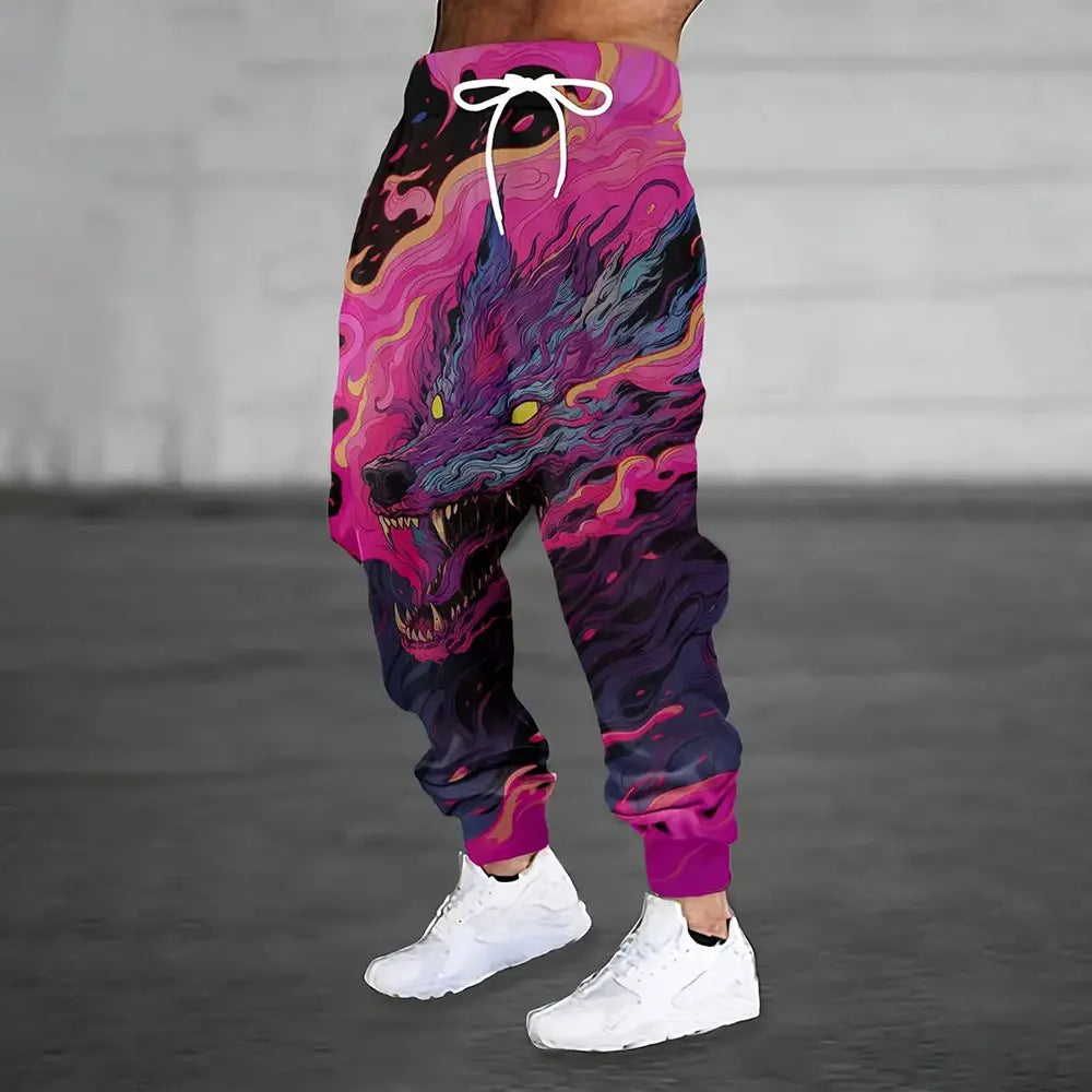 Lion Print Sweatpants - Men's Loose Fit Drawstring Waist Winter Warm Joggers - ZOOMNSTORE