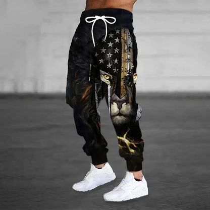 Lion Print Sweatpants - Men's Loose Fit Drawstring Waist Winter Warm Joggers - ZOOMNSTORE