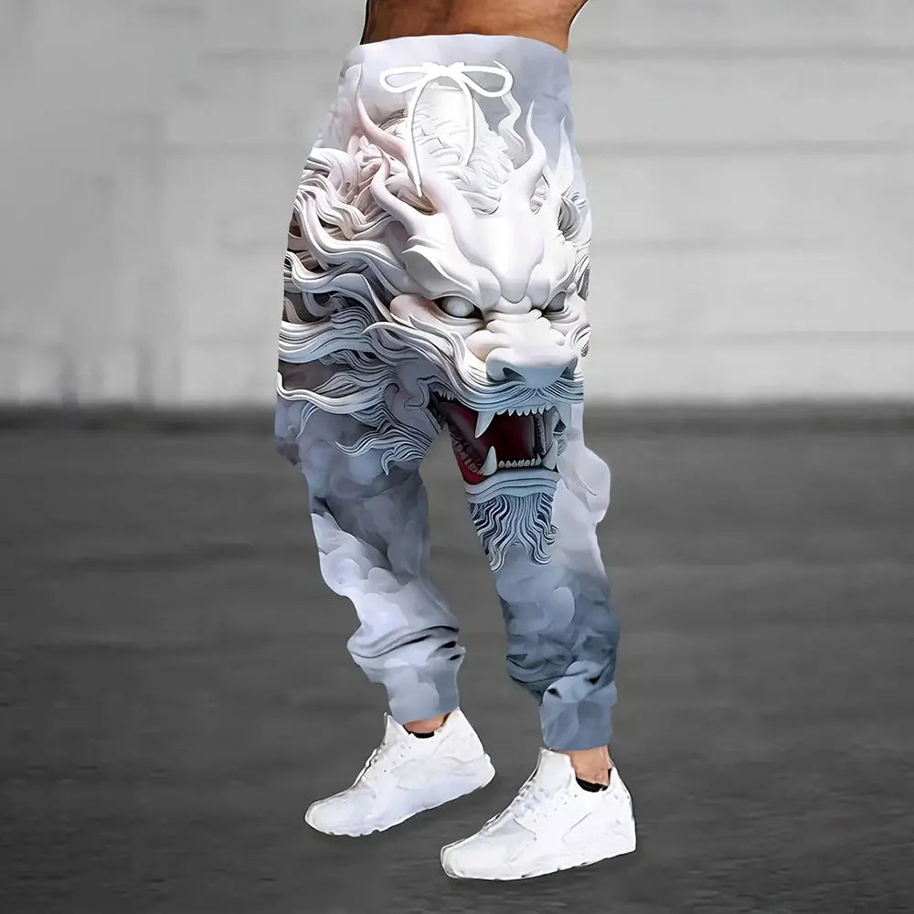 Lion Print Sweatpants - Men's Loose Fit Drawstring Waist Winter Warm Joggers - ZOOMNSTORE
