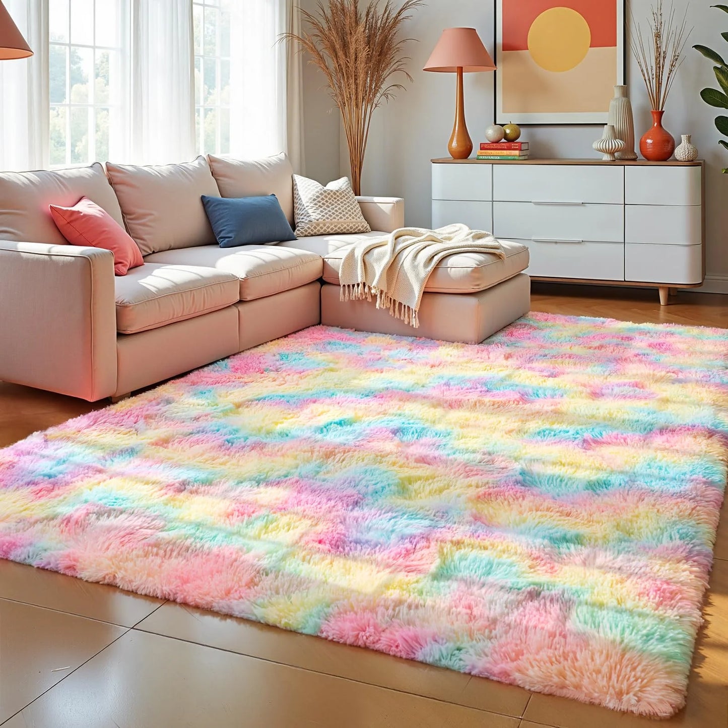 Living Room Carpet - Minimalist Rectangle Area Rug | Fluffy Non Slip Soft Polyester - ZOOMNSTORE