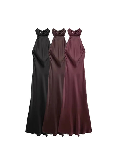 Long Satin Halter Dress – Backless Bow Tied Back Zipper Ankle Length Gown - ZOOMNSTORE