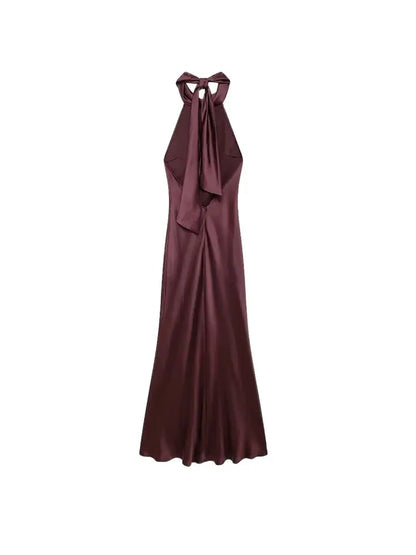 Long Satin Halter Dress – Backless Bow Tied Back Zipper Ankle Length Gown - ZOOMNSTORE