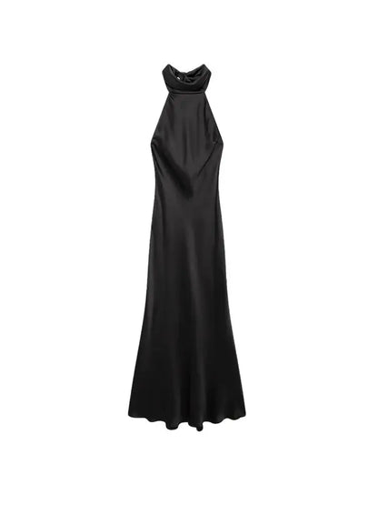 Long Satin Halter Dress – Backless Bow Tied Back Zipper Ankle Length Gown - ZOOMNSTORE