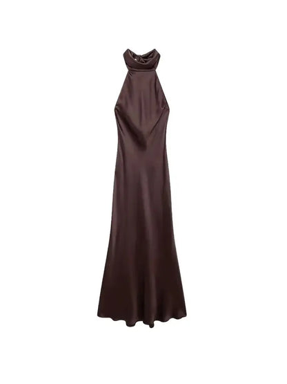 Long Satin Halter Dress – Backless Bow Tied Back Zipper Ankle Length Gown - ZOOMNSTORE