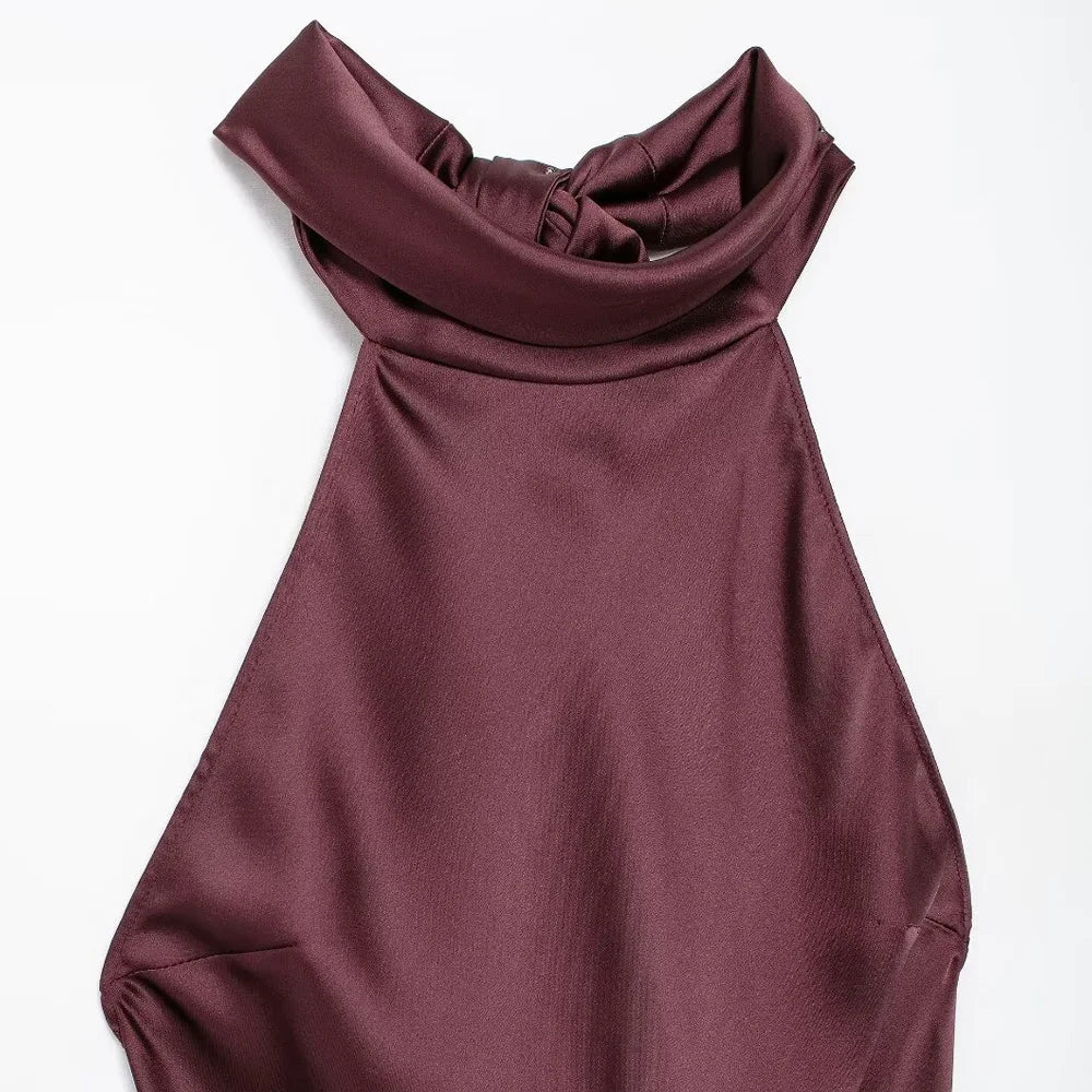 Long Satin Halter Dress – Backless Bow Tied Back Zipper Ankle Length Gown - ZOOMNSTORE