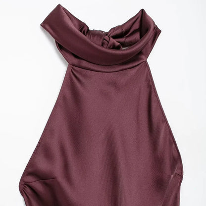 Long Satin Halter Dress – Backless Bow Tied Back Zipper Ankle Length Gown - ZOOMNSTORE