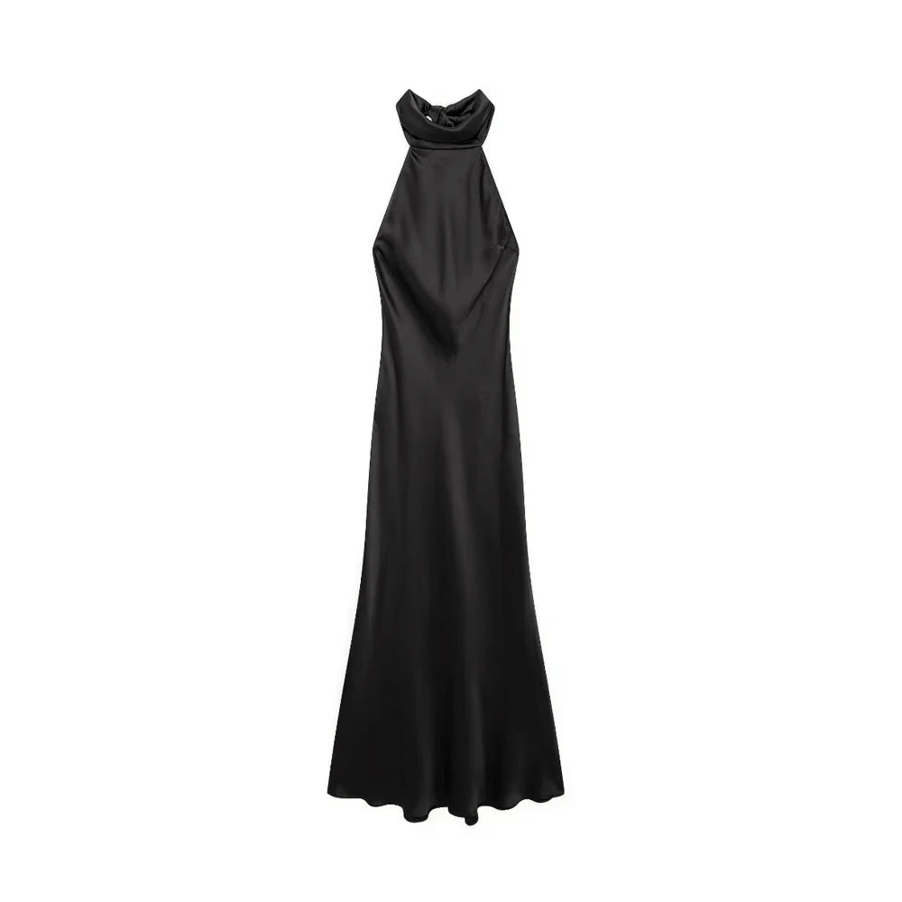 Long Satin Halter Dress – Backless Bow Tied Back Zipper Ankle Length Gown - ZOOMNSTORE