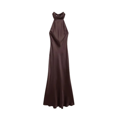 Long Satin Halter Dress – Backless Bow Tied Back Zipper Ankle Length Gown - ZOOMNSTORE