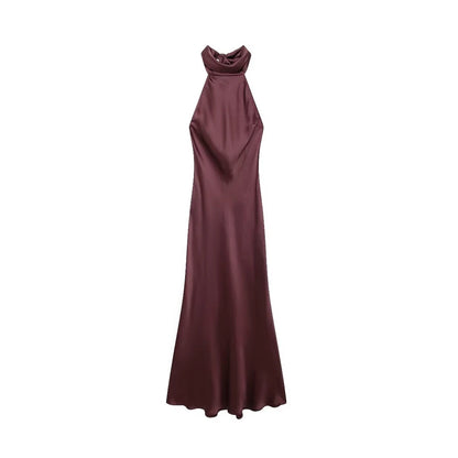 Long Satin Halter Dress – Backless Bow Tied Back Zipper Ankle Length Gown - ZOOMNSTORE