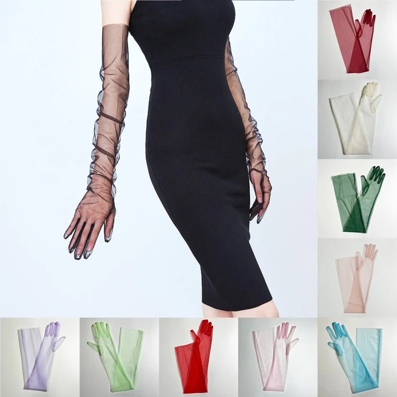 Wedding Bride Gloves Fashion Long Sheer Tulle Gloves Ultra Thin Stretchy Full Finger Mittens Mesh Elbow Halloween Accessory - ZOOMNSTORE