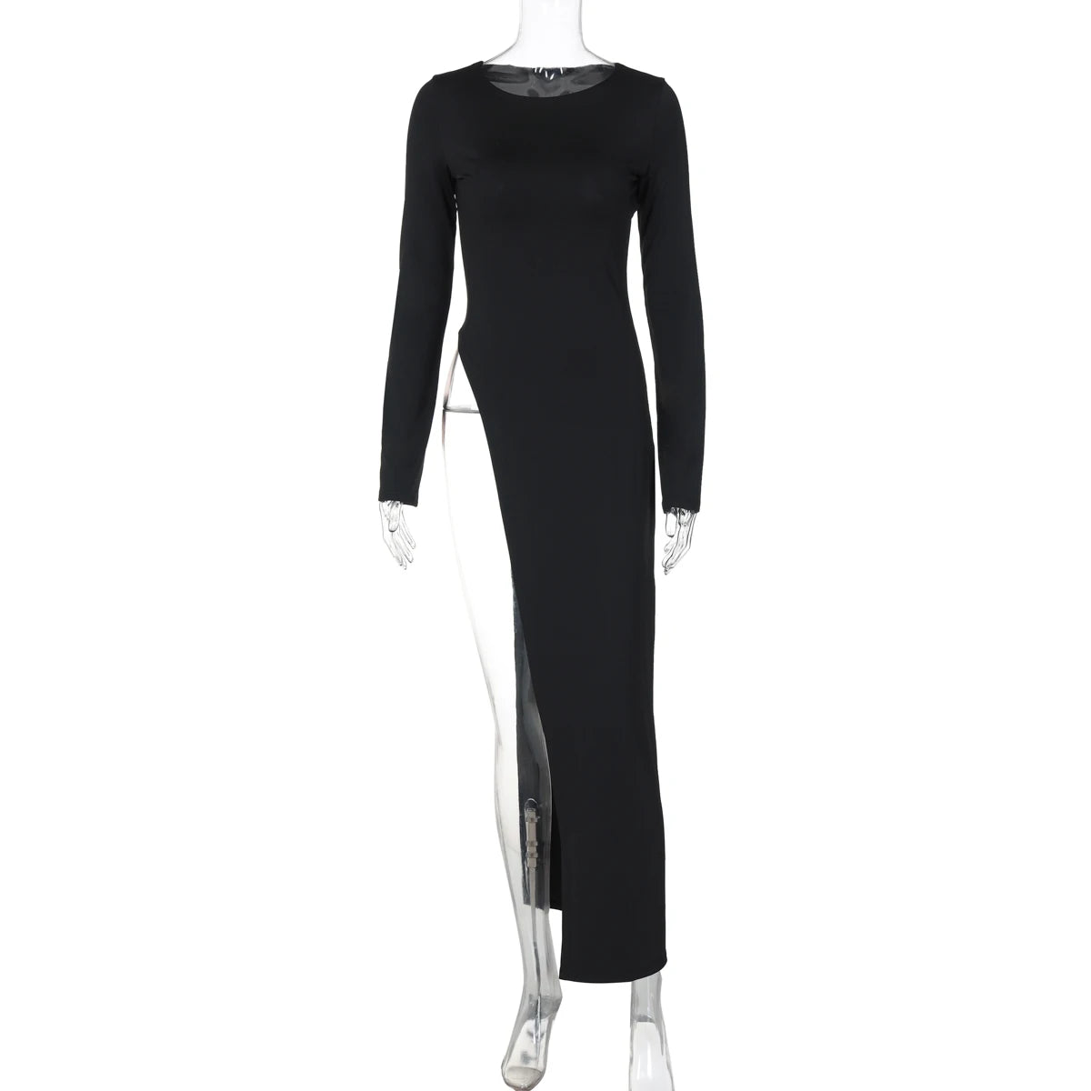 Long Sleeve High Slit Maxi Dress - Solid Sexy Autumn Winter Party Outfit - ZOOMNSTORE