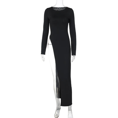 Long Sleeve High Slit Maxi Dress - Solid Sexy Autumn Winter Party Outfit - ZOOMNSTORE
