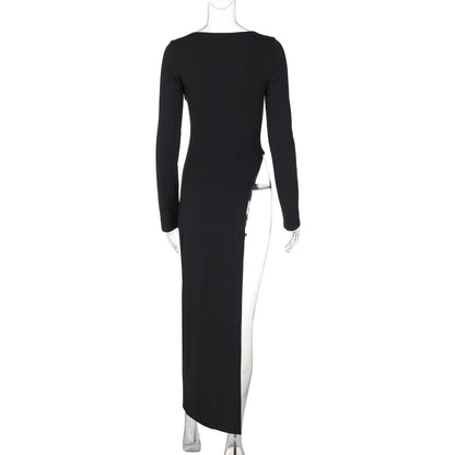 Long Sleeve High Slit Maxi Dress - Solid Sexy Autumn Winter Party Outfit - ZOOMNSTORE