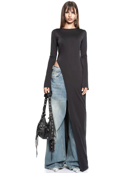 Long Sleeve High Slit Maxi Dress - Solid Sexy Autumn Winter Party Outfit - ZOOMNSTORE