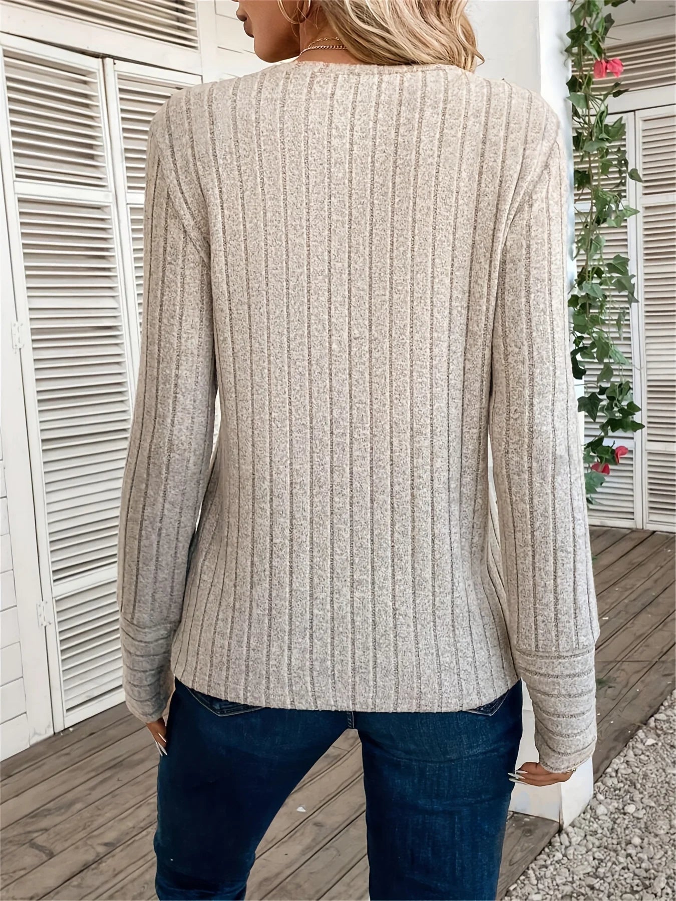 Long Sleeve Ribbed T-Shirt - Women's Casual Top | Solid Color Round Neck Tee - ZOOMNSTORE