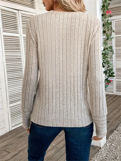 Long Sleeve Ribbed T-Shirt - Women's Casual Top | Solid Color Round Neck Tee - ZOOMNSTORE