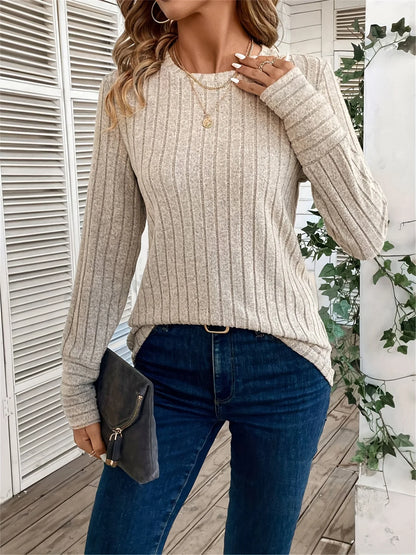 Long Sleeve Ribbed T-Shirt - Women's Casual Top | Solid Color Round Neck Tee - ZOOMNSTORE